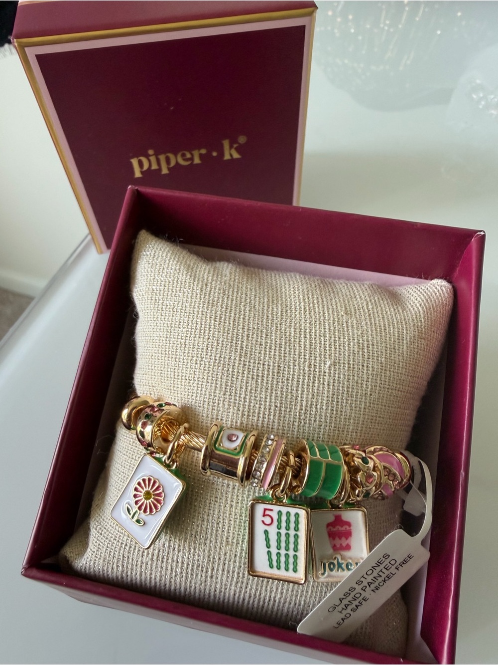 Viral Piper k Gold mahjong Charm Bangle with Pink, Green charms